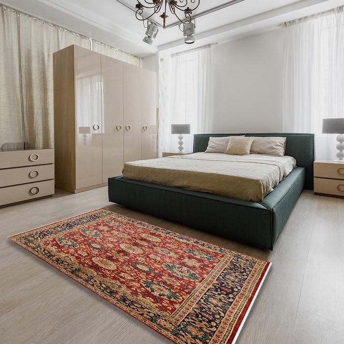 Mid-Century Modern Brown Sand Brown Oriental Rug in a Bedroom, urb2973