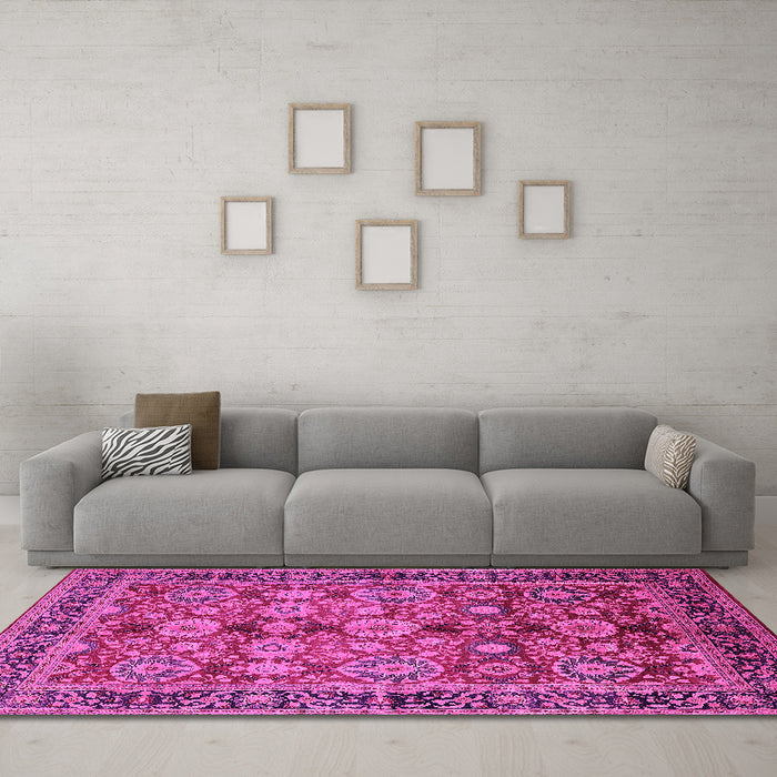 Machine Washable Oriental Pink Industrial Rug in a Living Room, wshurb2973pnk