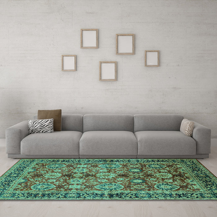 Machine Washable Oriental Turquoise Industrial Area Rugs in a Living Room,, wshurb2973turq