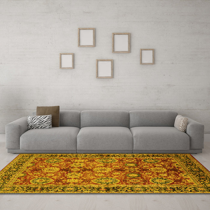 Machine Washable Oriental Yellow Industrial Rug in a Living Room, wshurb2973yw