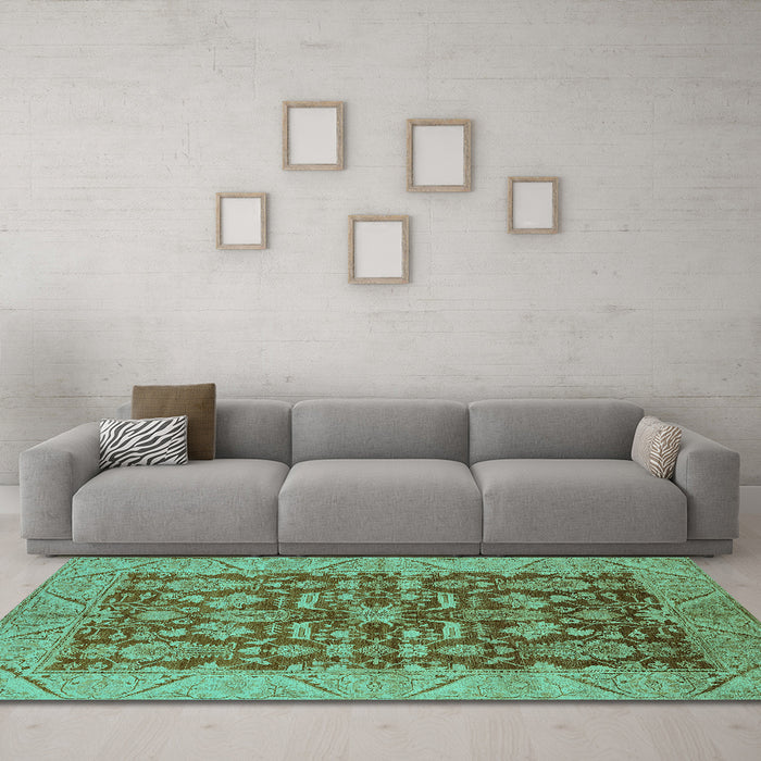 Machine Washable Oriental Turquoise Industrial Area Rugs in a Living Room,, wshurb2974turq
