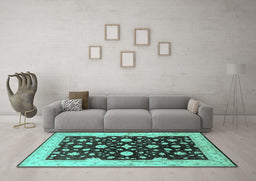 Machine Washable Oriental Turquoise Industrial Area Rugs in a Living Room,, wshurb2975turq