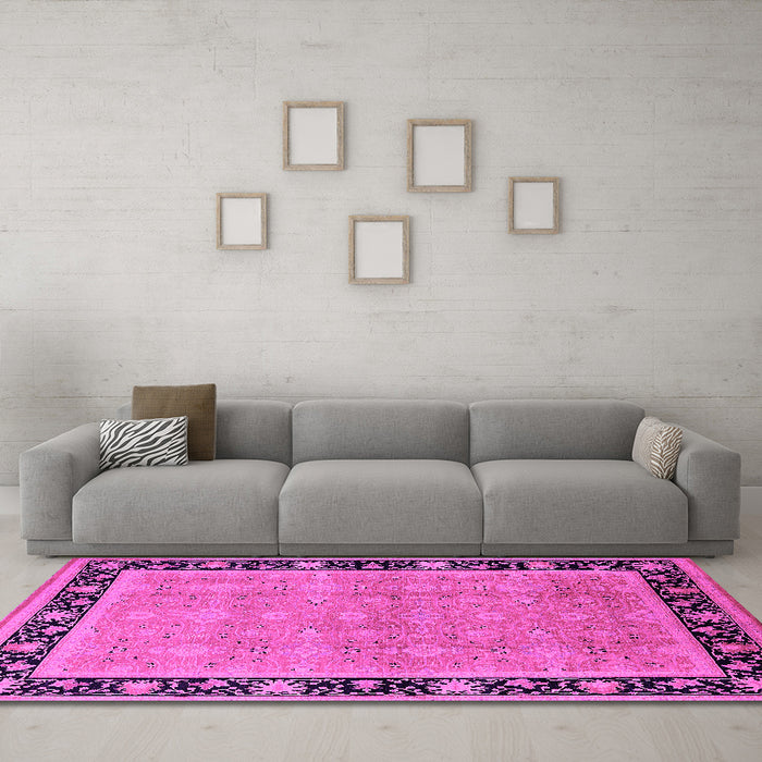 Machine Washable Oriental Pink Industrial Rug in a Living Room, wshurb2976pnk