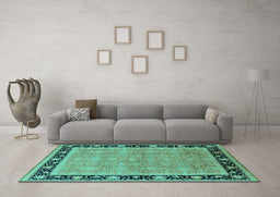 Machine Washable Oriental Turquoise Industrial Area Rugs in a Living Room,, wshurb2976turq