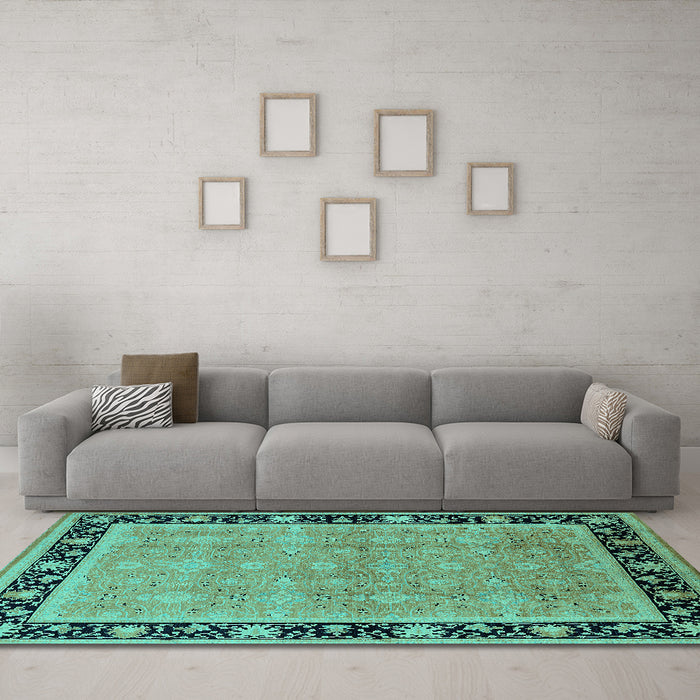 Machine Washable Oriental Turquoise Industrial Area Rugs in a Living Room,, wshurb2976turq