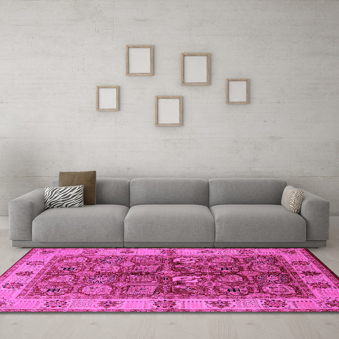 Machine Washable Oriental Pink Industrial Rug in a Living Room, wshurb2977pnk
