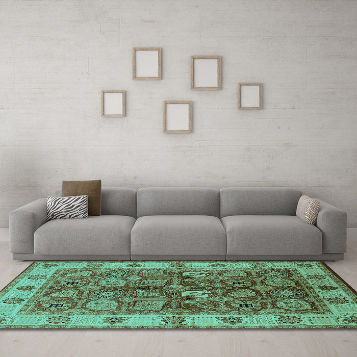 Machine Washable Oriental Turquoise Industrial Area Rugs in a Living Room,, wshurb2977turq