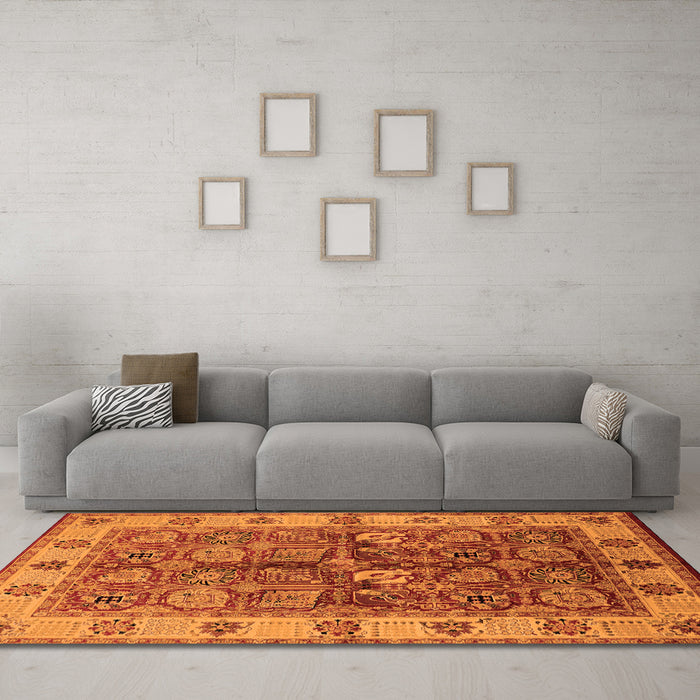 Machine Washable Oriental Orange Industrial Area Rugs in a Living Room, wshurb2977org