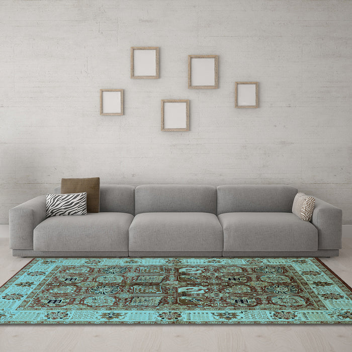 Machine Washable Oriental Light Blue Industrial Rug in a Living Room, wshurb2977lblu