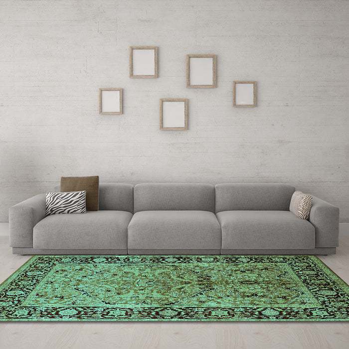 Machine Washable Oriental Turquoise Industrial Area Rugs in a Living Room,, wshurb2978turq