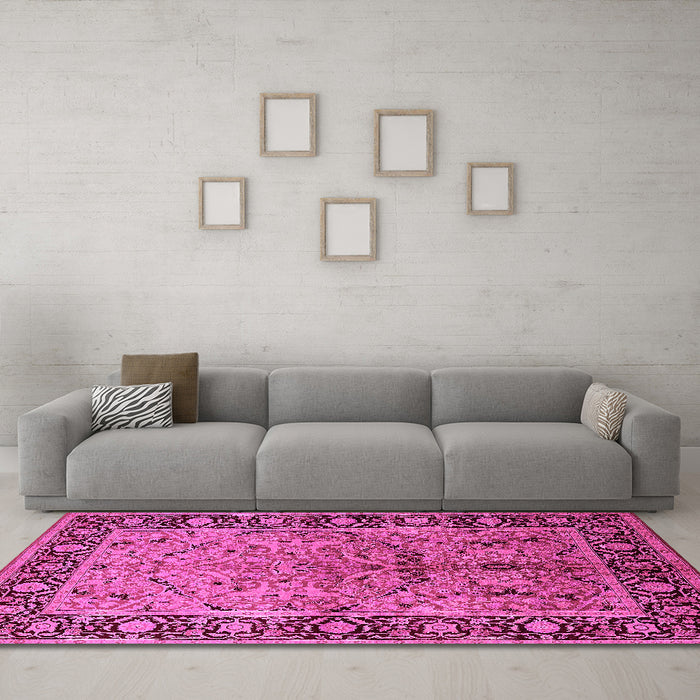 Machine Washable Oriental Pink Industrial Rug in a Living Room, wshurb2978pnk