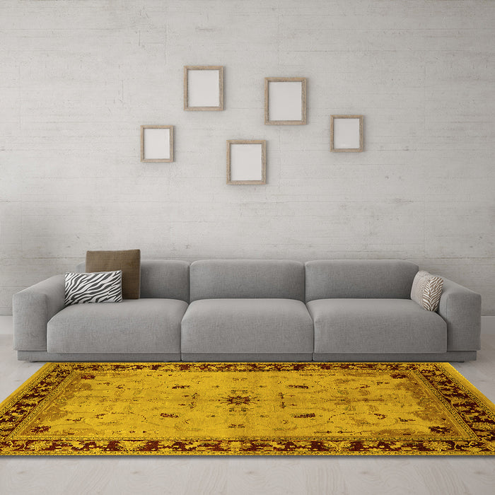 Machine Washable Oriental Yellow Industrial Rug in a Living Room, wshurb2979yw