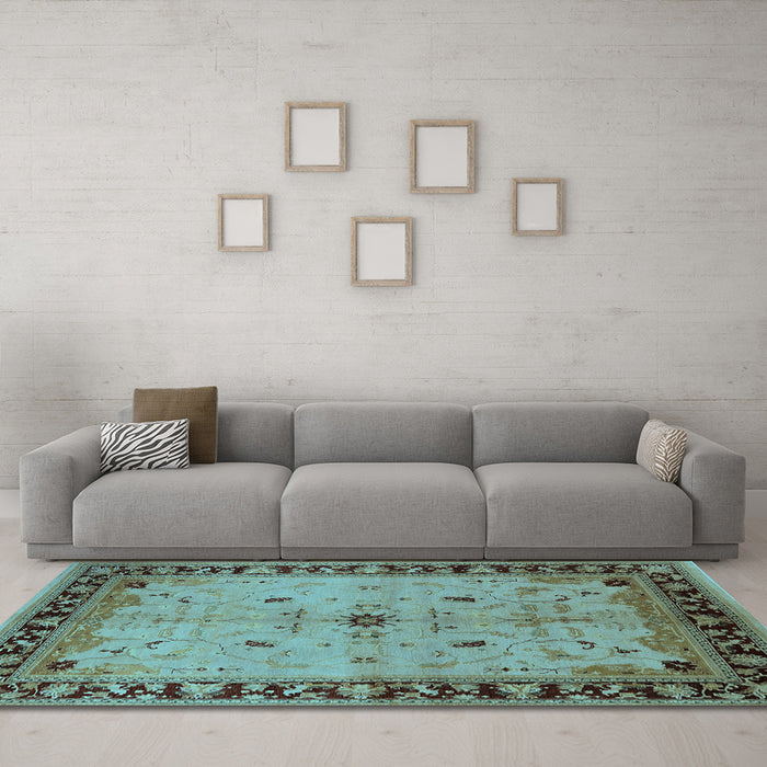 Machine Washable Oriental Light Blue Industrial Rug in a Living Room, wshurb2979lblu