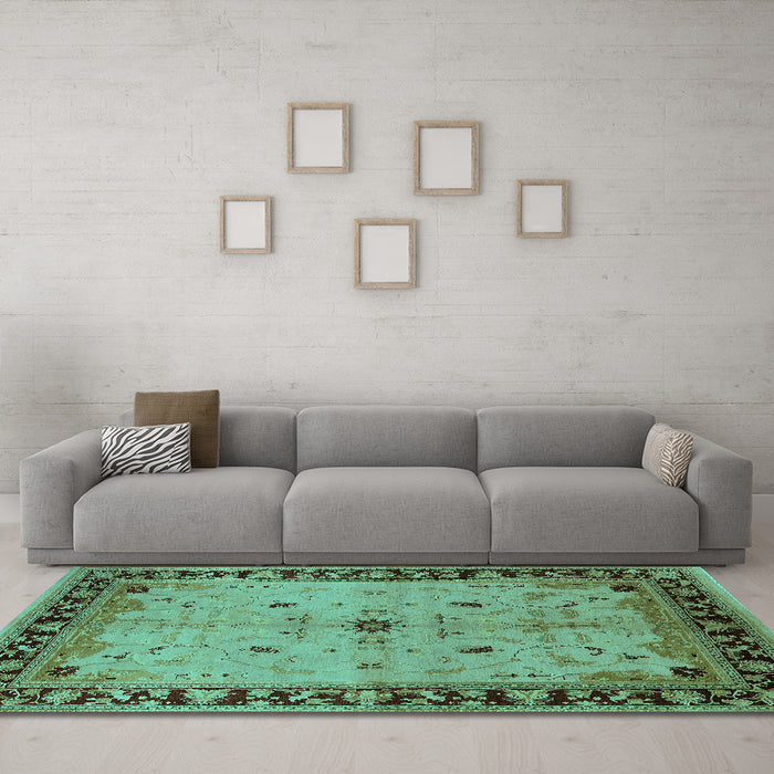 Machine Washable Oriental Turquoise Industrial Area Rugs in a Living Room,, wshurb2979turq