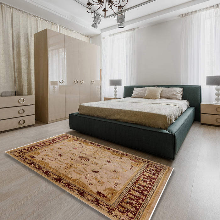 Mid-Century Modern Mahogany Brown Oriental Rug in a Bedroom, urb2979