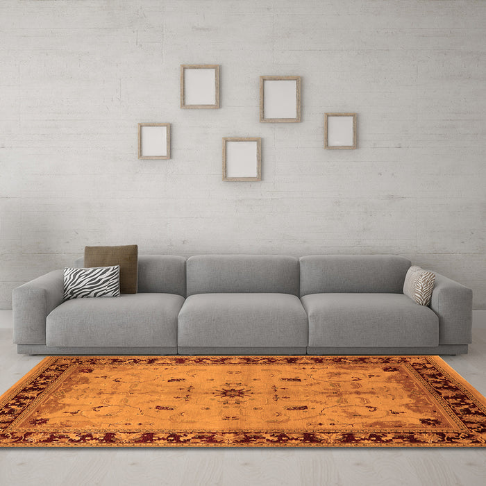 Machine Washable Oriental Orange Industrial Area Rugs in a Living Room, wshurb2979org