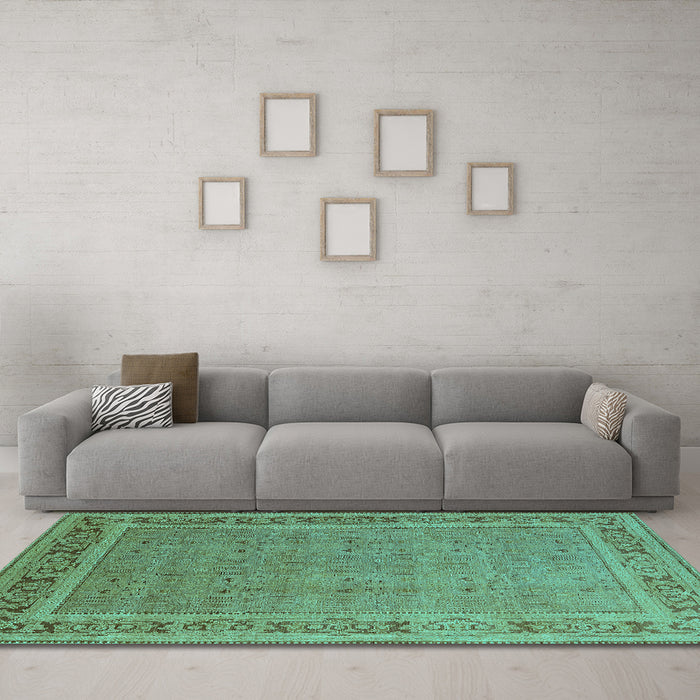 Machine Washable Oriental Turquoise Industrial Area Rugs in a Living Room,, wshurb2983turq
