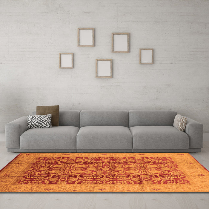 Machine Washable Oriental Orange Traditional Area Rugs in a Living Room, wshurb2984org