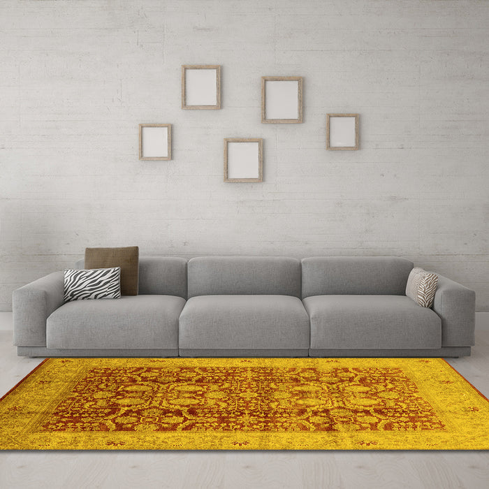 Machine Washable Oriental Yellow Traditional Rug in a Living Room, wshurb2984yw