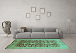 Machine Washable Oriental Turquoise Traditional Area Rugs in a Living Room,, wshurb2984turq