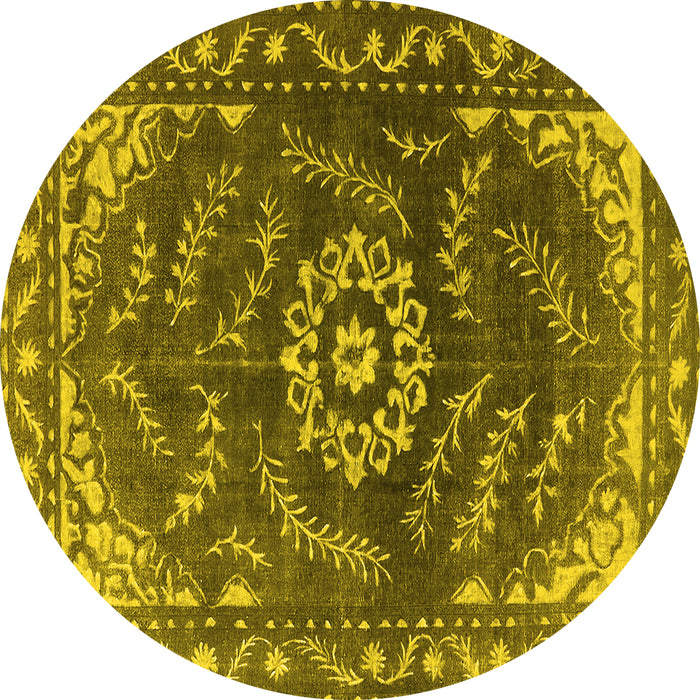 Round Machine Washable Oriental Yellow Industrial Rug, wshurb2985yw
