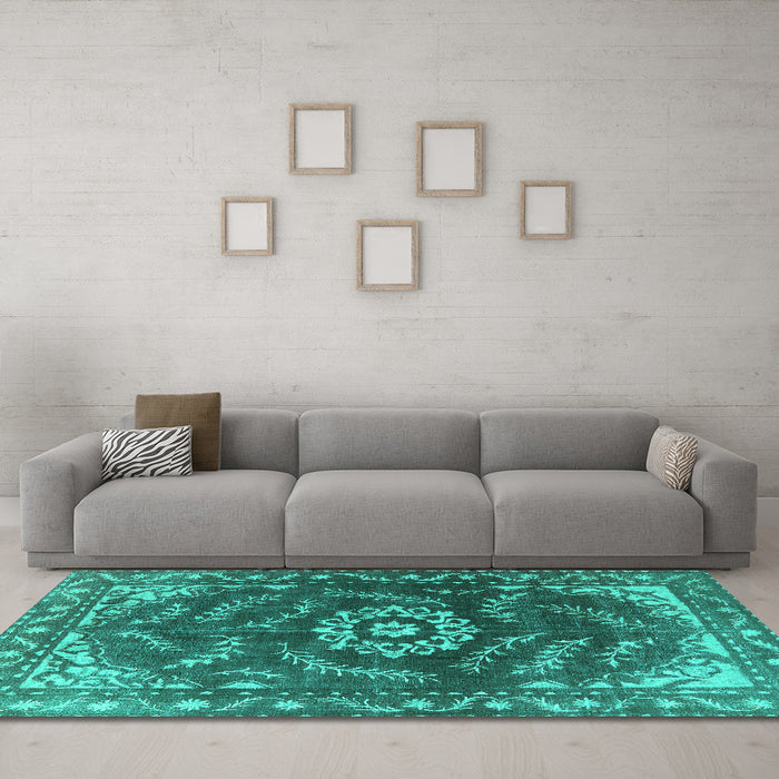 Machine Washable Oriental Turquoise Industrial Area Rugs in a Living Room,, wshurb2985turq