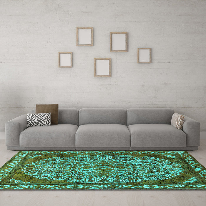 Machine Washable Oriental Turquoise Industrial Area Rugs in a Living Room,, wshurb2986turq