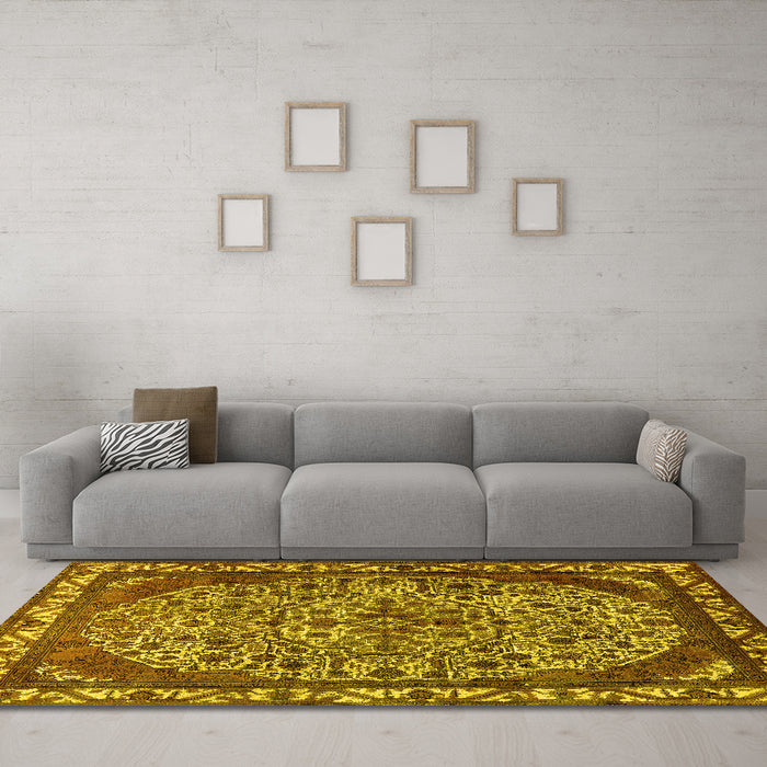 Machine Washable Oriental Yellow Industrial Rug in a Living Room, wshurb2986yw