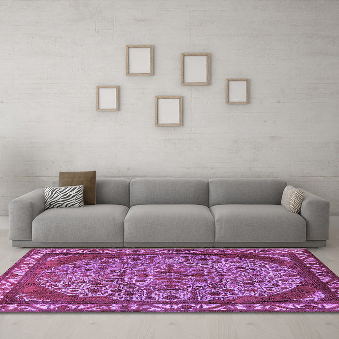 Machine Washable Oriental Purple Industrial Area Rugs in a Living Room, wshurb2986pur