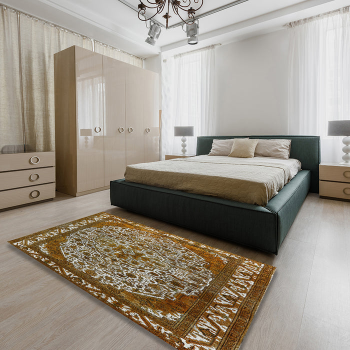 Mid-Century Modern Brown Oriental Rug in a Bedroom, urb2986