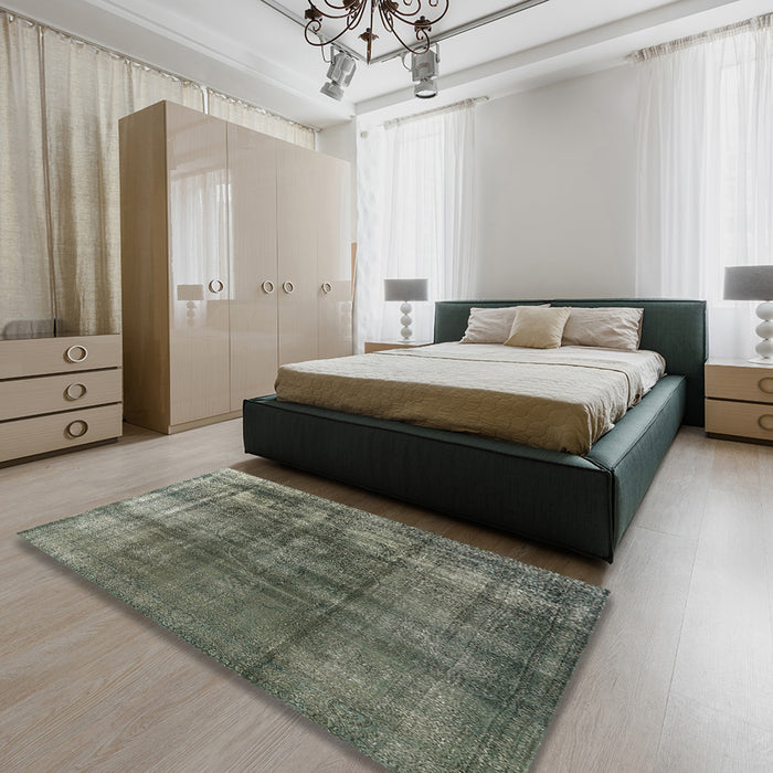 Mid-Century Modern Dark Olive Green Oriental Rug in a Bedroom, urb2987