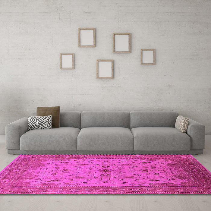 Machine Washable Oriental Pink Traditional Rug in a Living Room, wshurb2993pnk