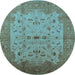 Round Machine Washable Oriental Light Blue Traditional Rug, wshurb2993lblu