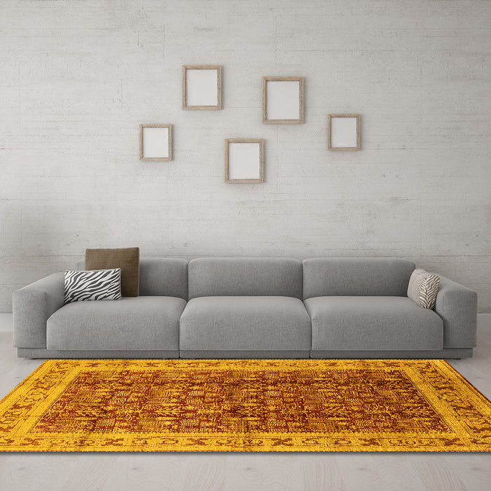 Machine Washable Oriental Yellow Traditional Rug in a Living Room, wshurb2994yw