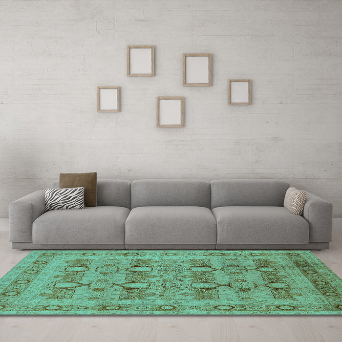 Machine Washable Oriental Turquoise Traditional Area Rugs in a Living Room,, wshurb2996turq