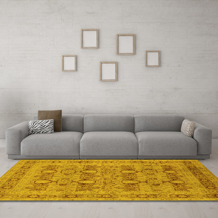 Machine Washable Oriental Yellow Traditional Rug in a Living Room, wshurb2996yw