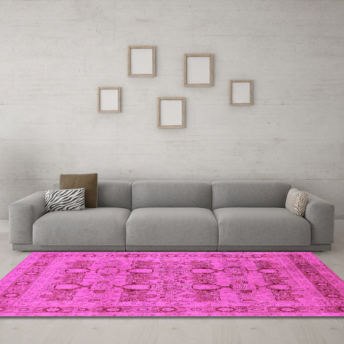 Machine Washable Oriental Pink Traditional Rug in a Living Room, wshurb2996pnk