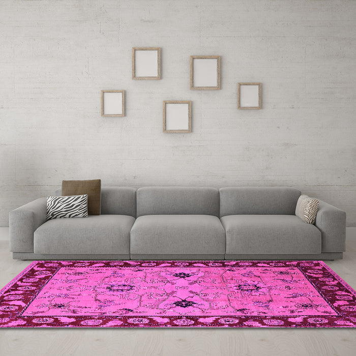Machine Washable Oriental Pink Traditional Rug in a Living Room, wshurb2998pnk