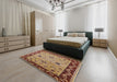 Mid-Century Modern Brown Sand Brown Oriental Rug in a Bedroom, urb2998