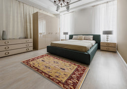 Mid-Century Modern Brown Sand Brown Oriental Rug in a Bedroom, urb2998