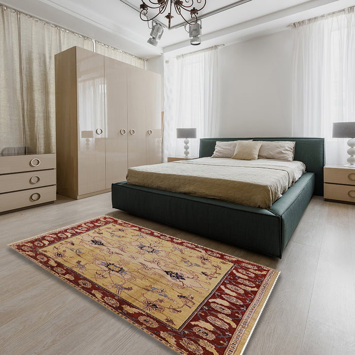 Mid-Century Modern Brown Sand Brown Oriental Rug in a Bedroom, urb2998