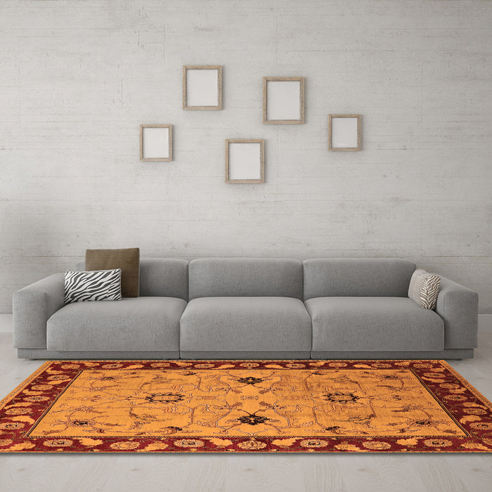 Machine Washable Oriental Orange Traditional Area Rugs in a Living Room, wshurb2998org