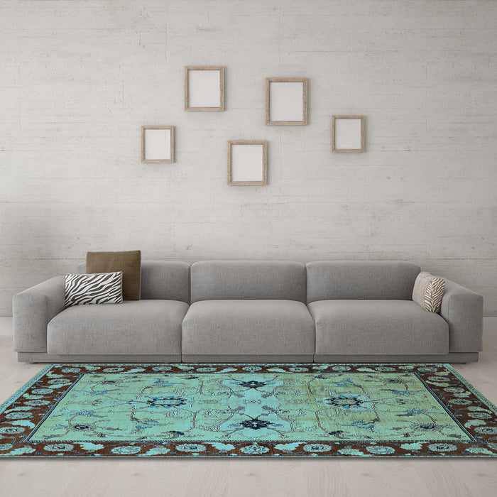 Machine Washable Oriental Light Blue Traditional Rug in a Living Room, wshurb2998lblu