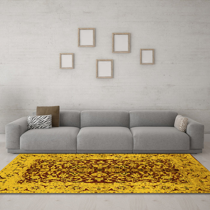 Machine Washable Oriental Yellow Traditional Rug in a Living Room, wshurb3000yw