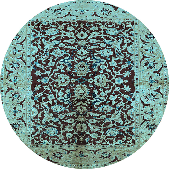 Round Machine Washable Oriental Light Blue Traditional Rug, wshurb3000lblu
