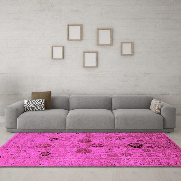 Machine Washable Oriental Pink Traditional Rug in a Living Room, wshurb3001pnk