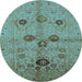 Round Machine Washable Oriental Light Blue Traditional Rug, wshurb3001lblu