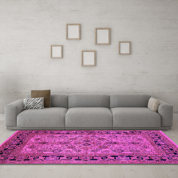 Machine Washable Oriental Pink Traditional Rug in a Living Room, wshurb3002pnk