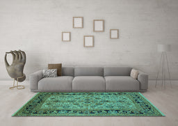 Machine Washable Oriental Turquoise Traditional Area Rugs in a Living Room,, wshurb3002turq