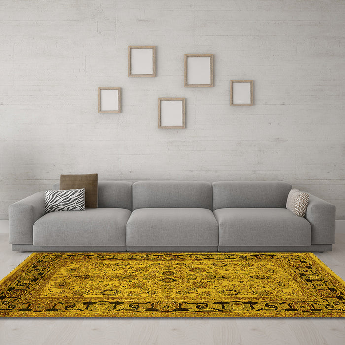 Machine Washable Oriental Yellow Traditional Rug in a Living Room, wshurb3002yw